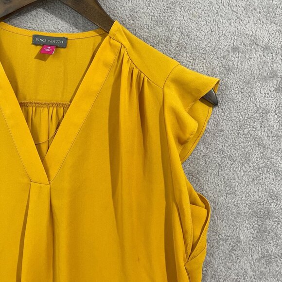 NEW Vince Camuto Womens XS V-Neck Flutter-Sleeve Golden Yellow Blouse Sheer - Picture 7 of 9
